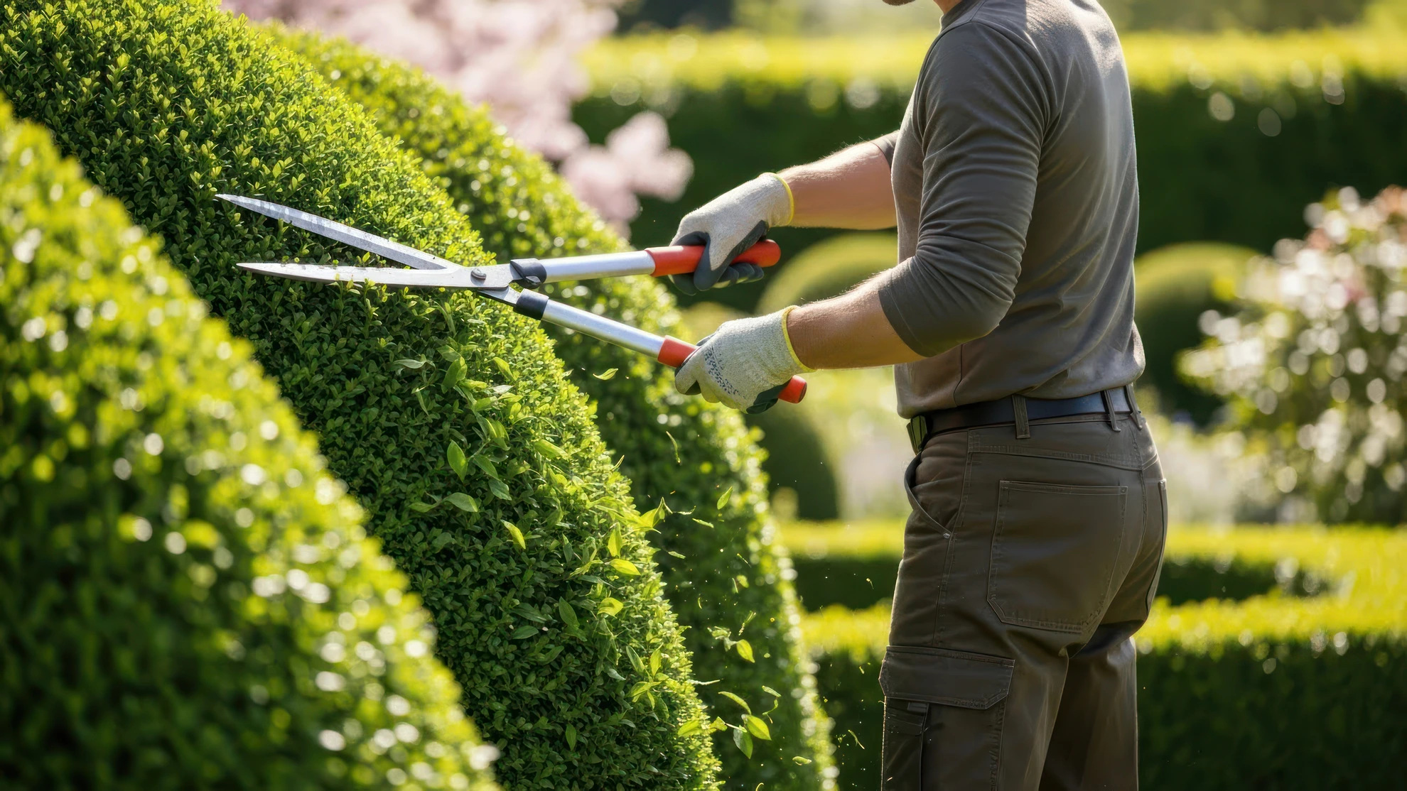 Jardinier professionnel taillant une haie de cyprès dans le Vaucluse